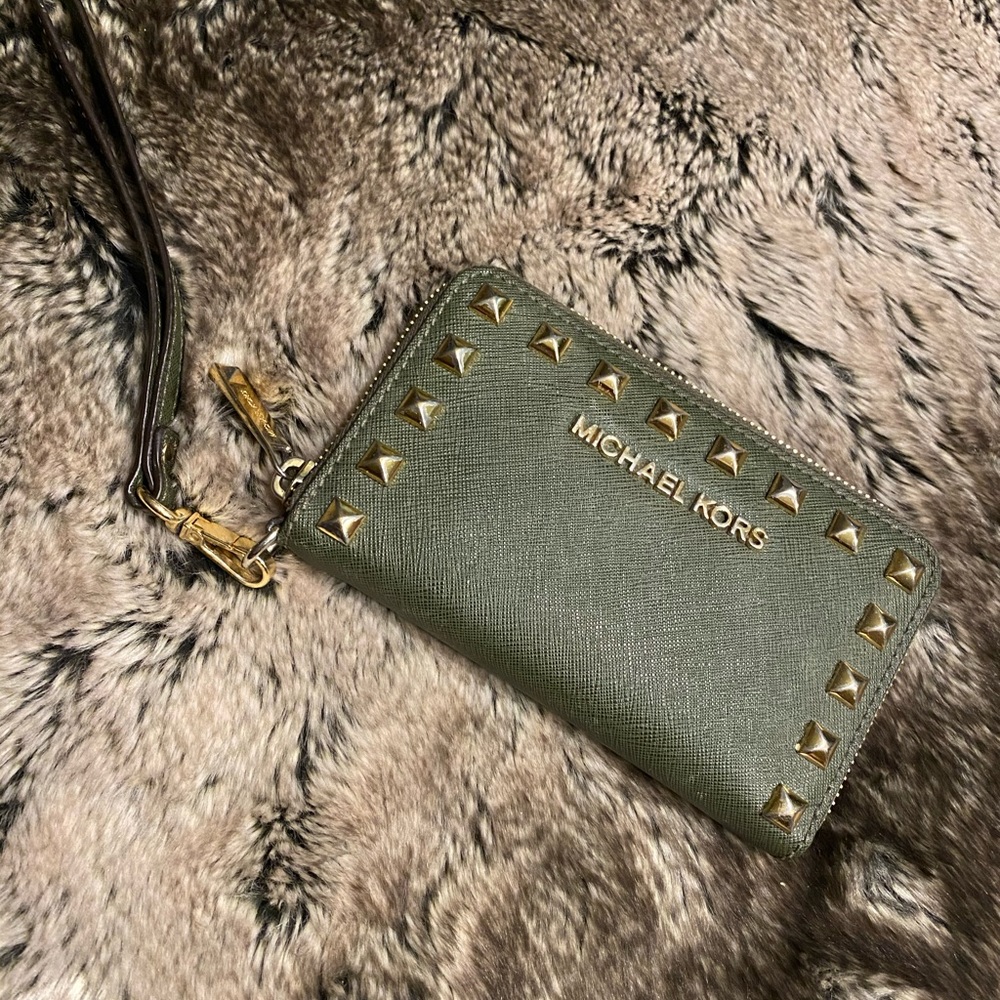 Michael Kors Olive Green and Gold Stud Wristlet